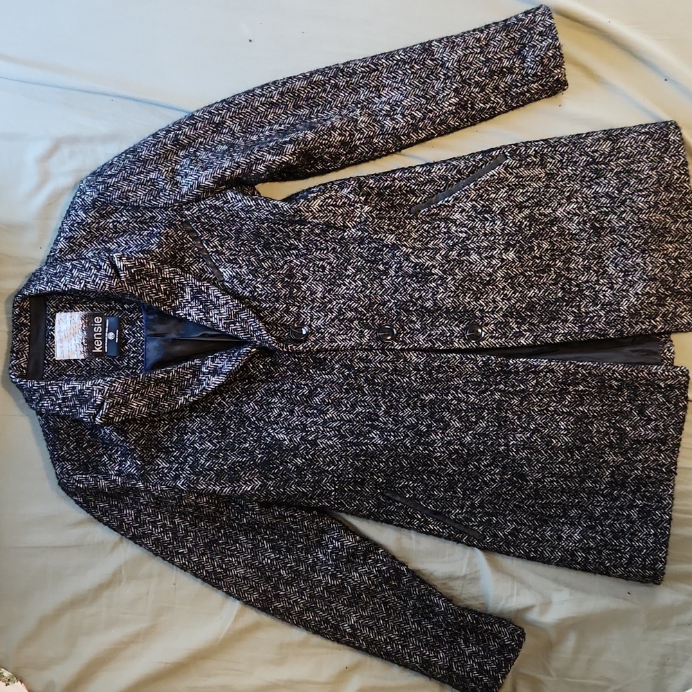 Black/White Herringbone Pea Coat M